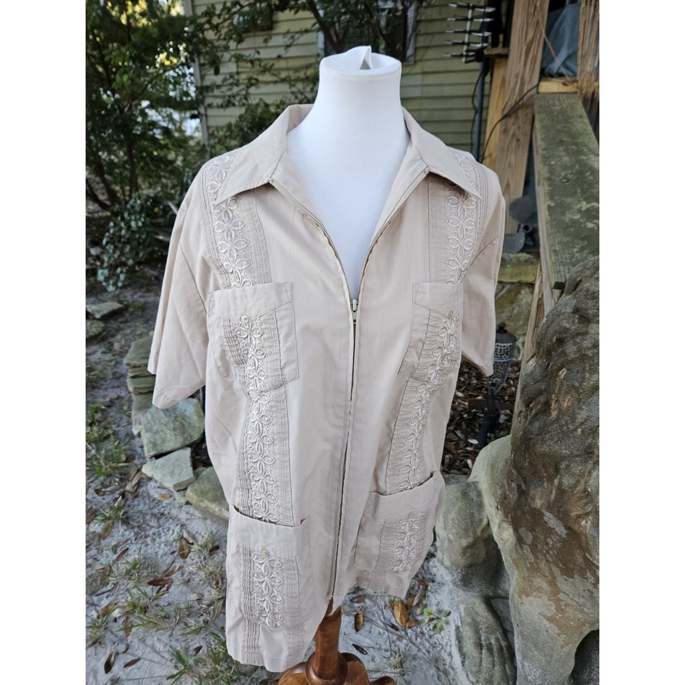 Haband Guayabera Shirt Zipper Front Embroidery 4 Pocket Tan Khaki Cuban Cubavera